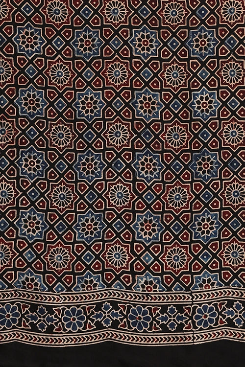 TENAARO  Interlace Black  Ajrakh Hand Block Printed Modal Silk Saree