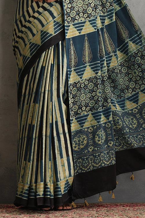 TENAARO  Striped Neavy Blue Ajrakh Hand Block Printed Modal Silk Saree