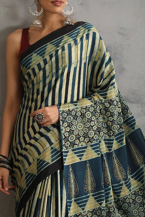 TENAARO  Striped Neavy Blue Ajrakh Hand Block Printed Modal Silk Saree