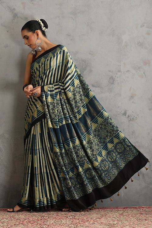 TENAARO  Striped Neavy Blue Ajrakh Hand Block Printed Modal Silk Saree