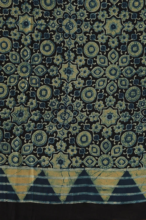 TENAARO  Striped Neavy Blue Ajrakh Hand Block Printed Modal Silk Saree