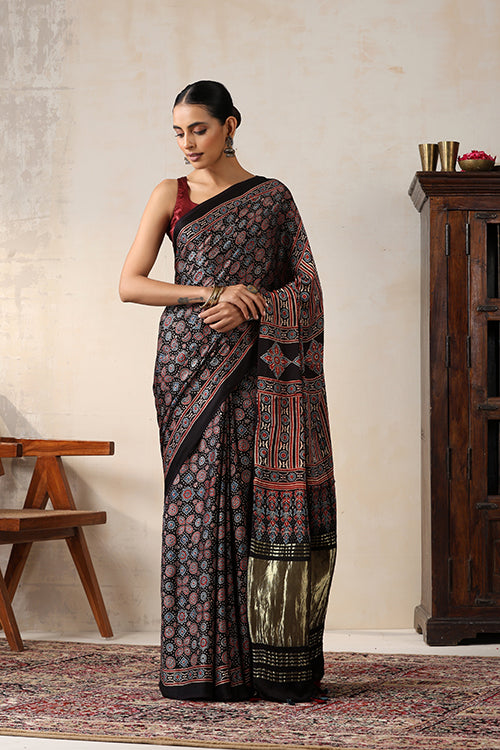 Jahangir Khatri - Black Ajrakh Modal Tissue Pallu Saree