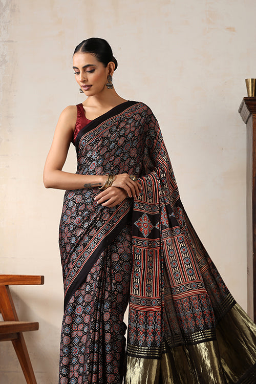 Jahangir Khatri - Black Ajrakh Modal Tissue Pallu Saree