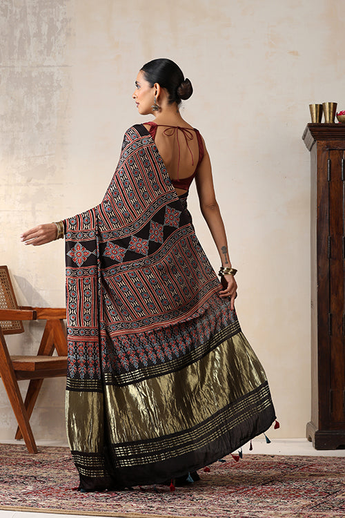 Jahangir Khatri - Black Ajrakh Modal Tissue Pallu Saree