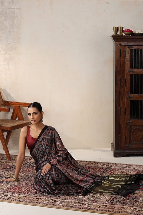 Jahangir Khatri - Black Ajrakh Modal Tissue Pallu Saree