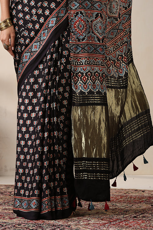 Jahangir Khatri - Black Ajrakh Modal Tissue Pallu Saree