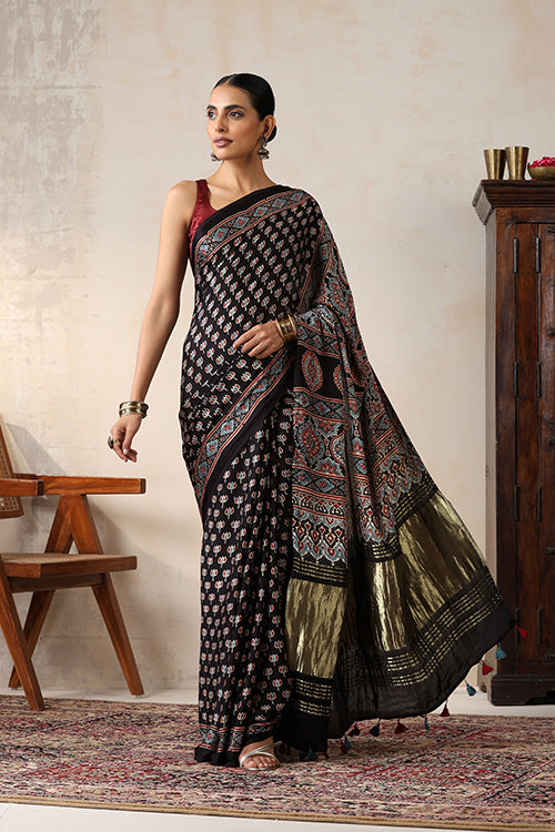Jahangir Khatri - Black Ajrakh Modal Tissue Pallu Saree