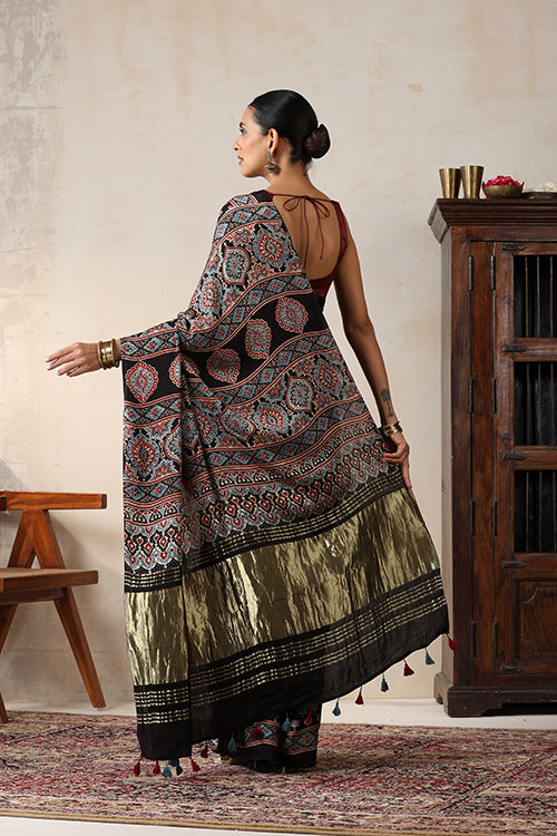 Jahangir Khatri - Black Ajrakh Modal Tissue Pallu Saree