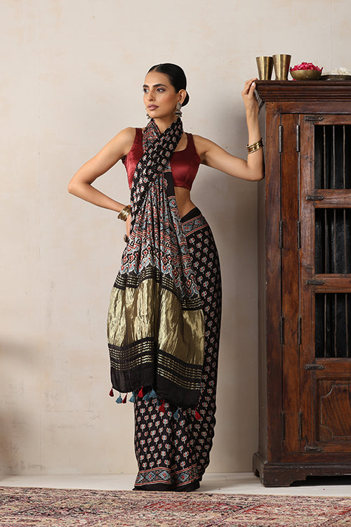 Jahangir Khatri - Black Ajrakh Modal Tissue Pallu Saree