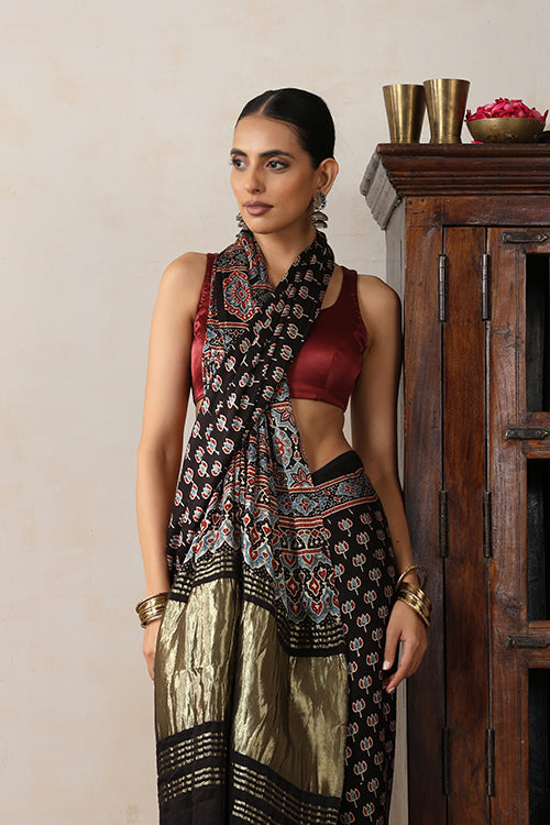 Jahangir Khatri - Black Ajrakh Modal Tissue Pallu Saree