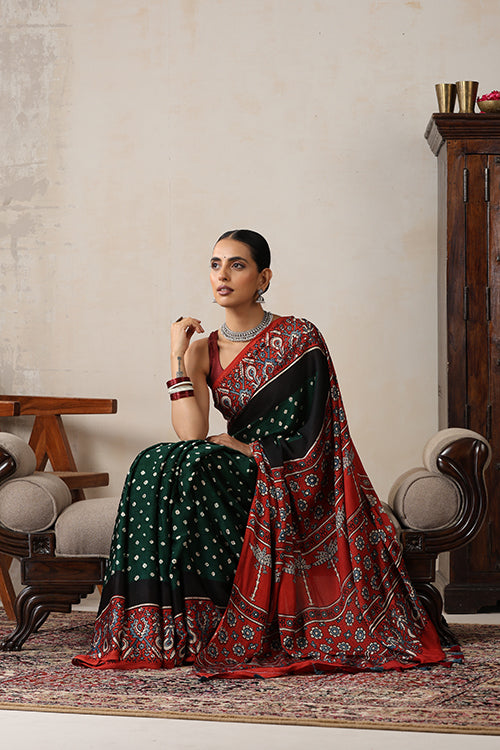 Jahangir Khatri - Red & Green  Ajrakh & Bandhani Modal Saree