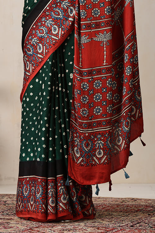 Jahangir Khatri - Red & Green  Ajrakh & Bandhani Modal Saree