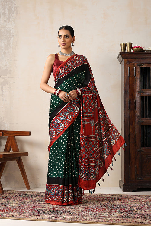 Jahangir Khatri - Red & Green  Ajrakh & Bandhani Modal Saree