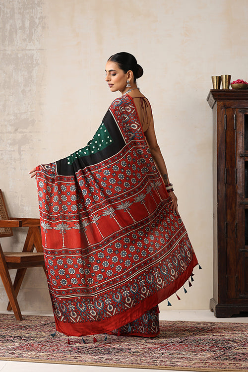 Jahangir Khatri - Red & Green  Ajrakh & Bandhani Modal Saree