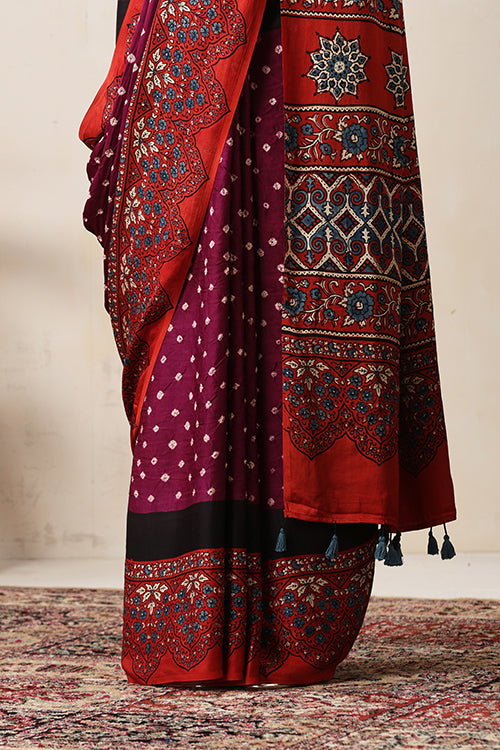 Jahangir Khatri - Red & Magenta  Ajrakh & Bandhani Modal Saree