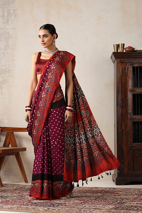 Jahangir Khatri - Red & Magenta  Ajrakh & Bandhani Modal Saree