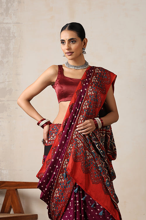 Jahangir Khatri - Red & Magenta  Ajrakh & Bandhani Modal Saree