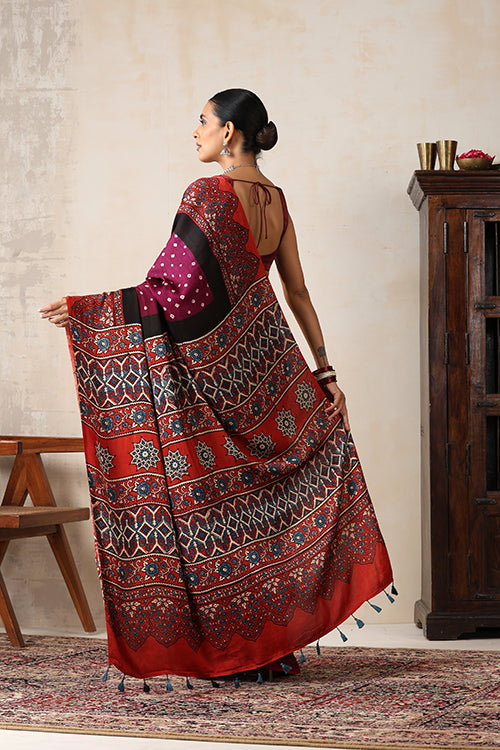 Jahangir Khatri - Red & Magenta  Ajrakh & Bandhani Modal Saree