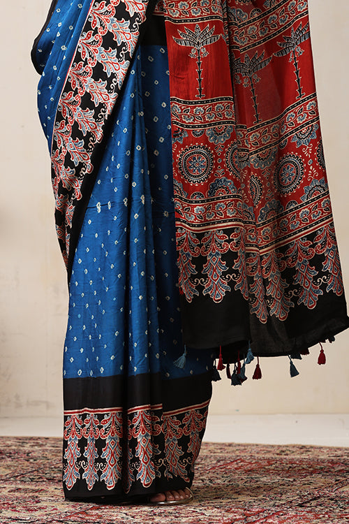 Jahangir Khatri - Red & Sky Blue Ajrakh & Bandhani Modal Saree