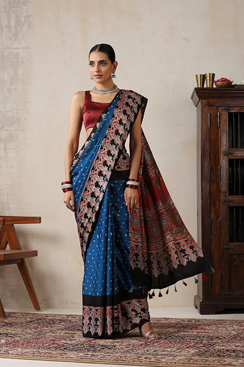Jahangir Khatri - Red & Sky Blue Ajrakh & Bandhani Modal Saree