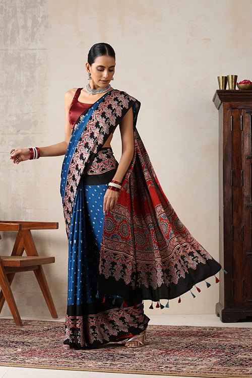 Jahangir Khatri - Red & Sky Blue Ajrakh & Bandhani Modal Saree