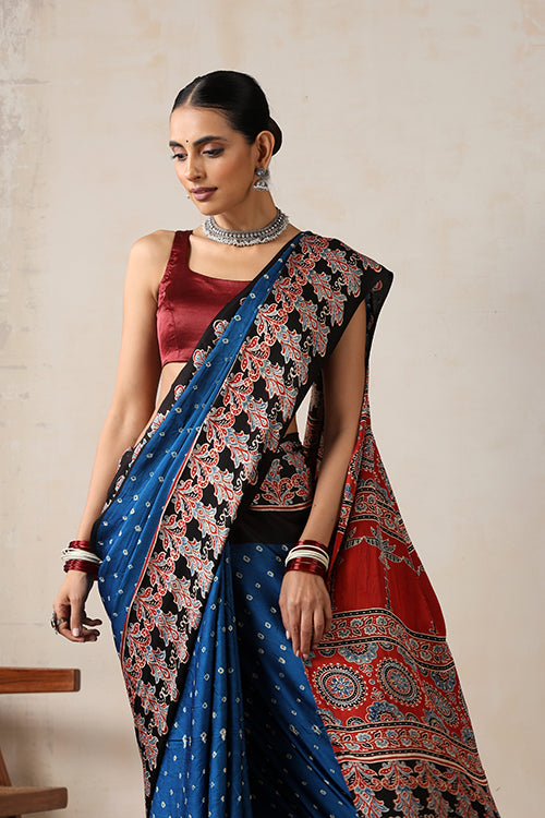 Jahangir Khatri - Red & Sky Blue Ajrakh & Bandhani Modal Saree
