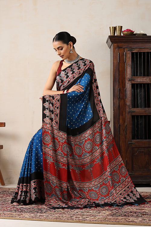 Jahangir Khatri - Red & Sky Blue Ajrakh & Bandhani Modal Saree