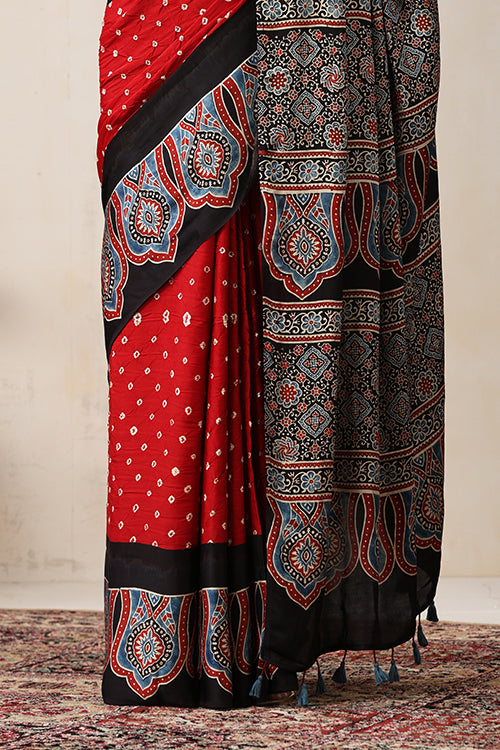 Jahangir Khatri - Black & Red  Ajrakh & Bandhani Modal Saree