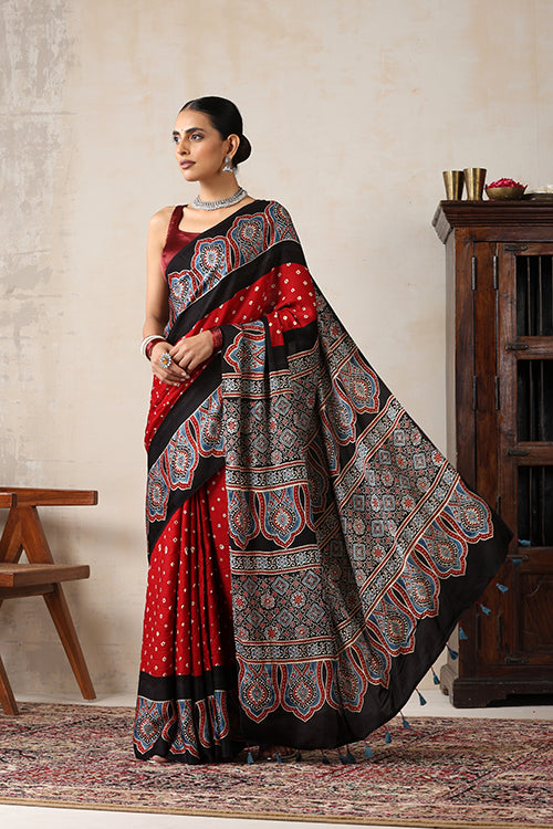 Jahangir Khatri - Black & Red  Ajrakh & Bandhani Modal Saree