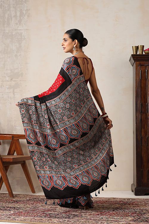 Jahangir Khatri - Black & Red  Ajrakh & Bandhani Modal Saree