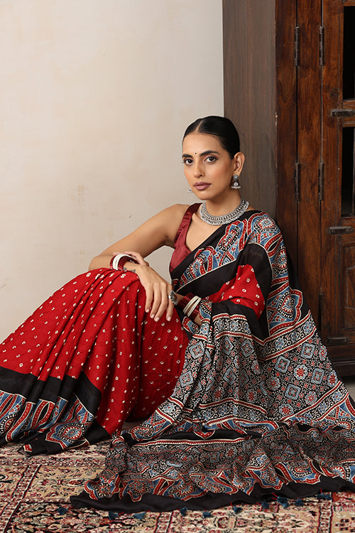 Jahangir Khatri - Black & Red  Ajrakh & Bandhani Modal Saree