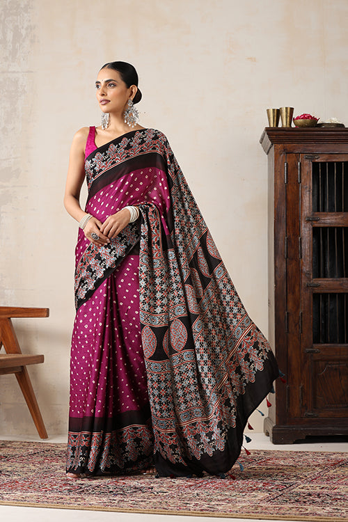 Jahangir Khatri - Black & Magenta Ajrakh & Bandhani Modal Saree