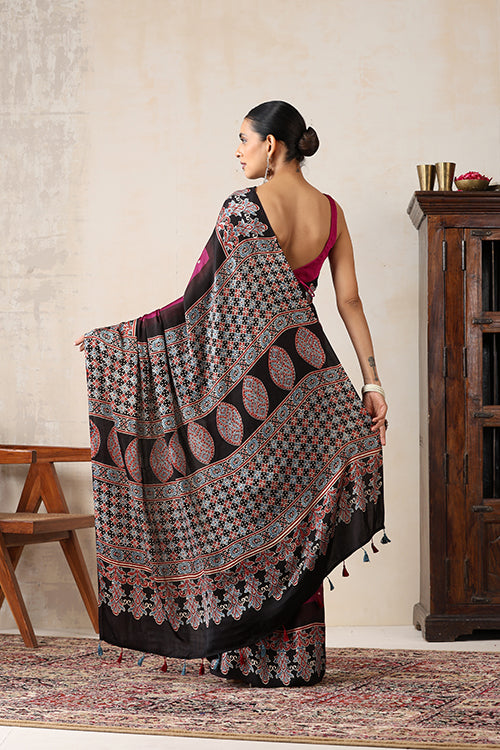 Jahangir Khatri - Black & Magenta Ajrakh & Bandhani Modal Saree