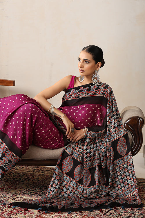 Jahangir Khatri - Black & Magenta Ajrakh & Bandhani Modal Saree