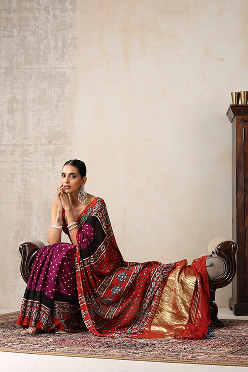 Jahangir Khatri - Red & Magenta Ajrakh & Bandhani Modal Tissue Pallu Saree