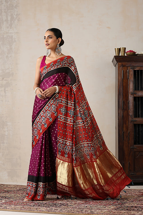 Jahangir Khatri - Red & Magenta Ajrakh & Bandhani Modal Tissue Pallu Saree