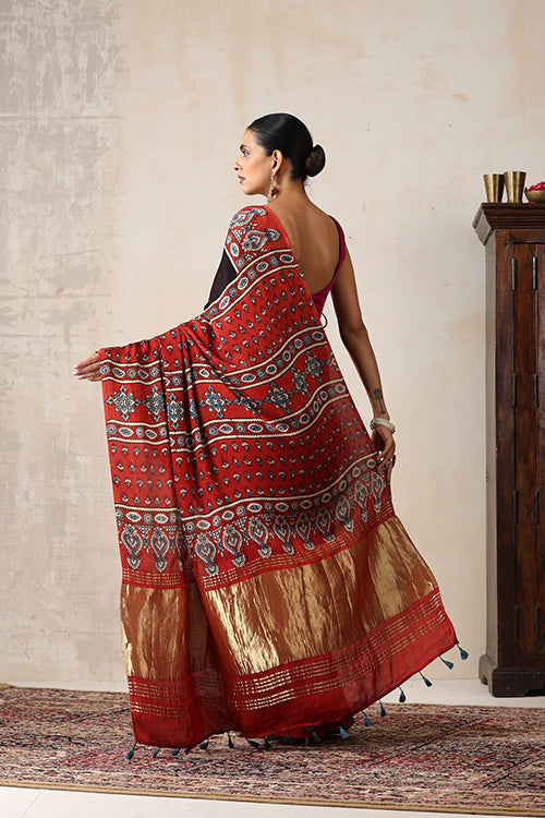 Jahangir Khatri - Red & Magenta Ajrakh & Bandhani Modal Tissue Pallu Saree
