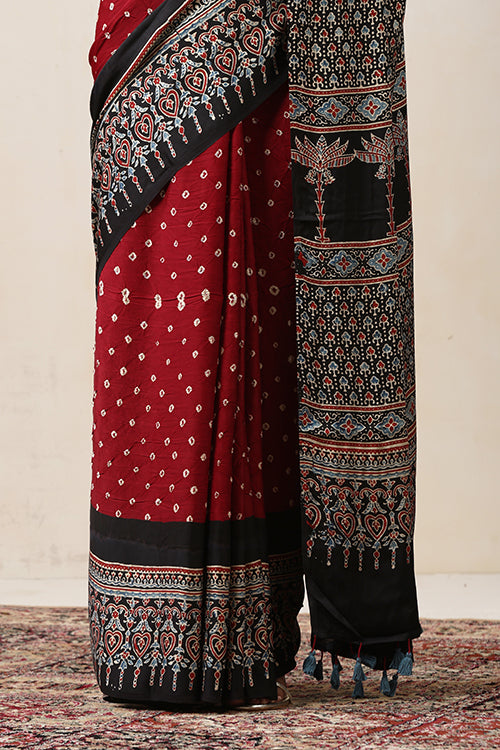 Jahangir Khatri - Black & Maroon Ajrakh & Bandhani Modal Saree