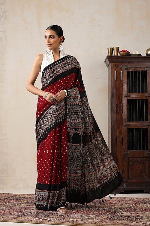 Jahangir Khatri - Black & Maroon Ajrakh & Bandhani Modal Saree