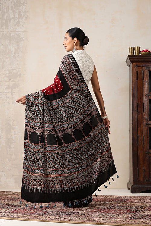 Jahangir Khatri - Black & Maroon Ajrakh & Bandhani Modal Saree