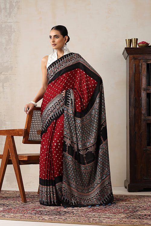 Jahangir Khatri - Black & Maroon Ajrakh & Bandhani Modal Saree