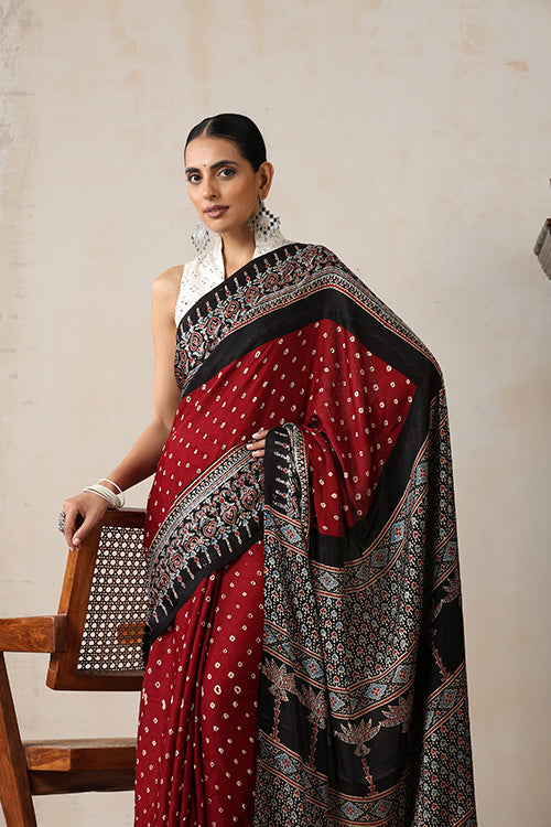 Jahangir Khatri - Black & Maroon Ajrakh & Bandhani Modal Saree
