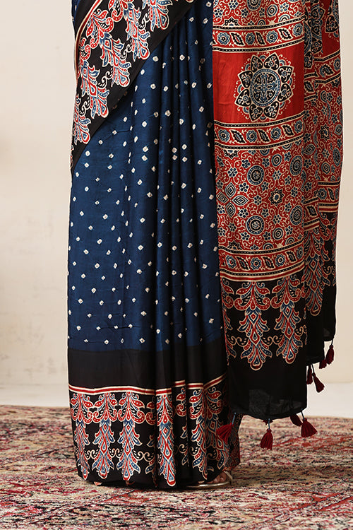 Jahangir Khatri - Red & Prussian Blue Ajrakh & Bandhani Modal Saree