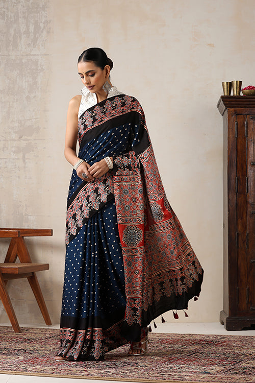 Jahangir Khatri - Red & Prussian Blue Ajrakh & Bandhani Modal Saree