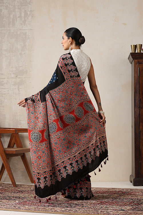 Jahangir Khatri - Red & Prussian Blue Ajrakh & Bandhani Modal Saree