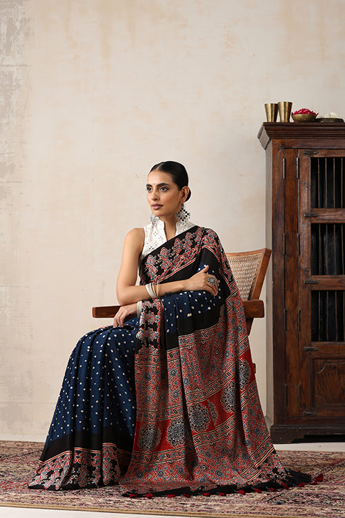 Jahangir Khatri - Red & Prussian Blue Ajrakh & Bandhani Modal Saree