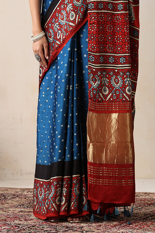 Jahangir Khatri - Red & Sky Blue Ajrakh & Bandhani Modal Tissue Pallu Saree