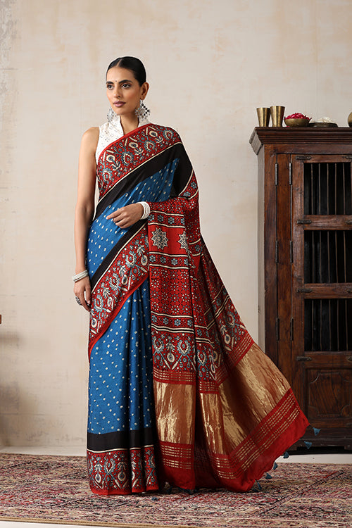 Jahangir Khatri - Red & Sky Blue Ajrakh & Bandhani Modal Tissue Pallu Saree