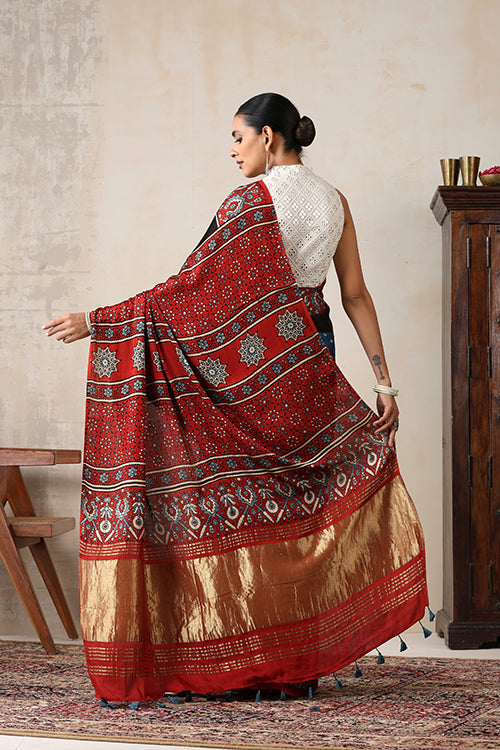 Jahangir Khatri - Red & Sky Blue Ajrakh & Bandhani Modal Tissue Pallu Saree