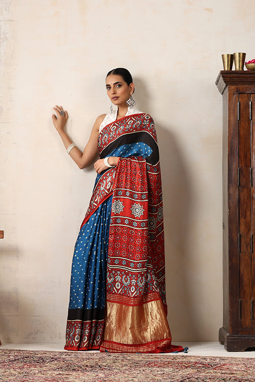 Jahangir Khatri - Red & Sky Blue Ajrakh & Bandhani Modal Tissue Pallu Saree